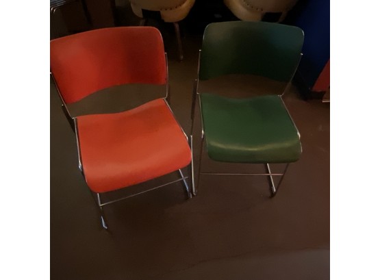 Vintage Set Of 2/70s Green & Orange David Rowland Metal Chairs