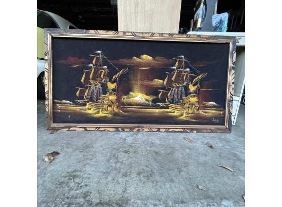 Vintage Witco Frame MCM Wall Mounted Art  Ship Painting On Velvet Signed