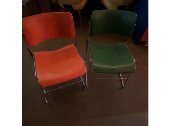 Vintage Set Of 2/70s Green & Orange David Rowland Metal Chairs