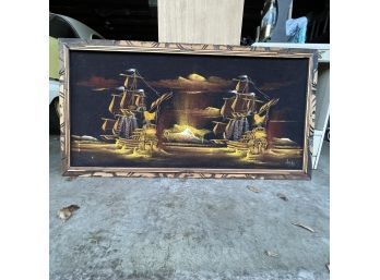 Vintage Witco Frame MCM Wall Mounted Art  Ship Painting On Velvet Signed