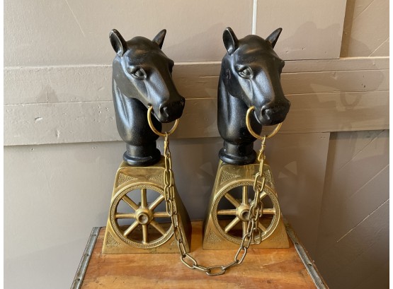 Vintage Brass Horse Andirons Fireplace Decor