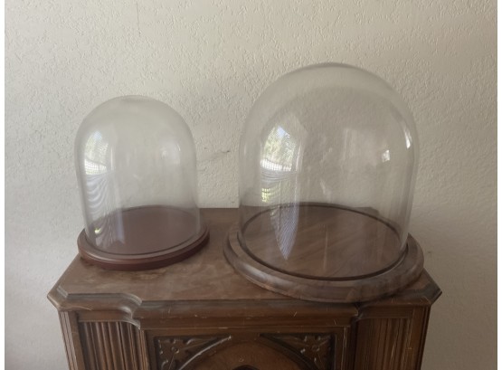 Set Of 2 Glass Domes Cloche With Wood Base For Display.