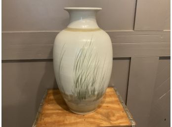 Artist Made Art Pottery Floor Vase 19' Tall Painted Grass Design