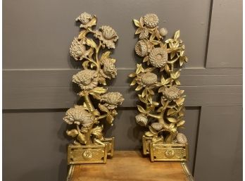 Mid Century Pair SYROCO  Wood Potted Floral Gold Wall Decor