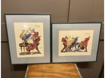 Pair Of JAZZ Watercolors From New Orleans Signed