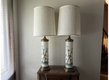 Pair Of Handpainted Glass Bamboo Design Lamps