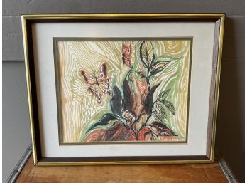 Lou Wilson 'Butterfly' Floral Watercolor Framed 12 X15'
