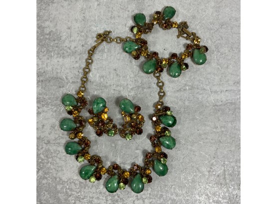 Vintage 60s Green And Brown Rhinestone Necklace/ Bracelet Set / Earrings (#069)