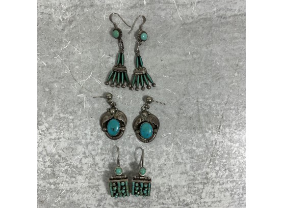 Vintage Lot Of 3 Pieced Earrings Native American Turquoise And Sterling Silver (#020)