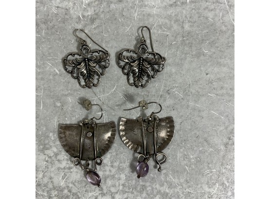 Vintage 2 Pairs Pieced Earrings Sterling Silver Artist Made Leaf And Pie Shaped  (#019)