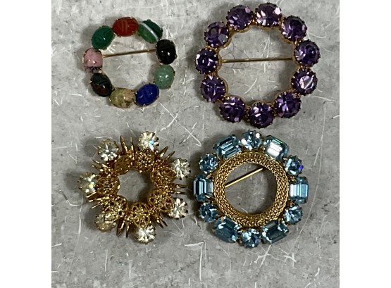 Vintage Lot Of 4 Multicolored Rhinestone Circle Brooch Pins ( #068)