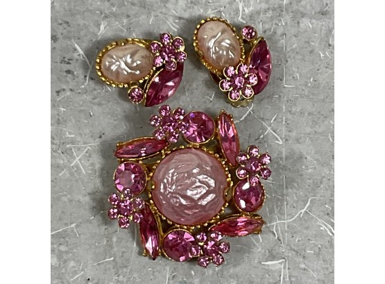 Vintage 60s Pink Pearl And Rhinestone Brooch Pin And Clip Earrings Set (#067)