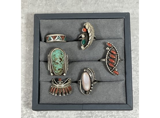 Lot Of 6 Rings  Sterling Silver , Turquoise, Carnelian , Abalone Native American Size Small (#032)
