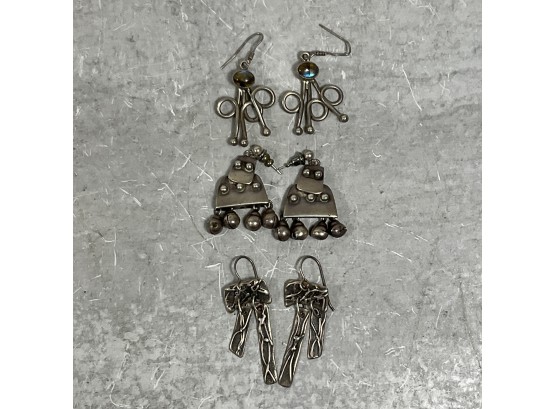 Vintage 3 Pairs Of Sterling Silver Artist Made Pieced Earrings (#047)