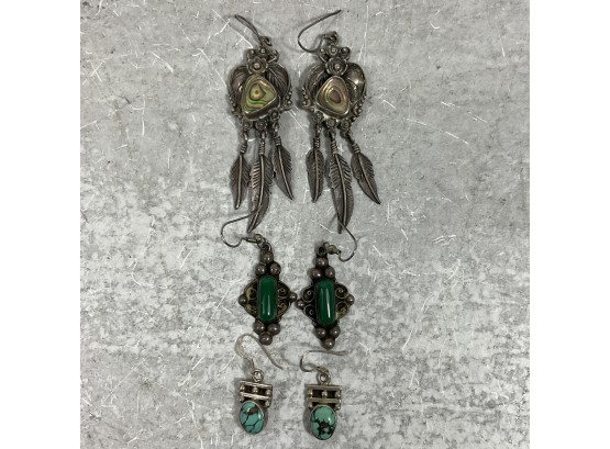 Vintage 3 Pairs Pieced Earrings, Malachite, Turquoise, Abalone / Sterling Silver  Native American Style (#008)