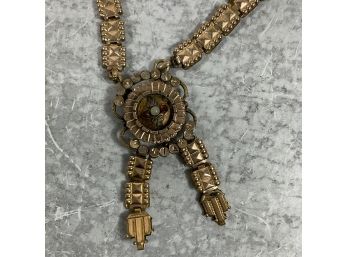 Victorian Gold Plated , Ornate Chain Necklace With Costume Stones