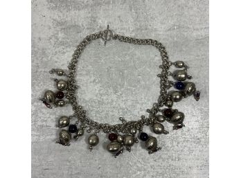 Vintage Stainless Steel Charm Dangles And Glass Beaded Choker Necklace (#043)