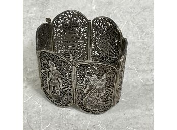 Vintage Wide Cuff Egyptian Style Silver Metal Bracelet (#095)