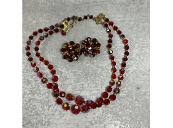 Vintage 60s Red Iridescent  Double Stranded Choker Necklace And Clip Earring Set (#088)