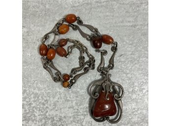 Vintage Artist Made Sterling Silver And Amber Necklace (#001)