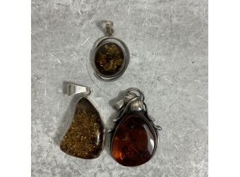 Vintage Lot Of 3 Large Amber And Sterling Silver Pendants 2.5' (#011)