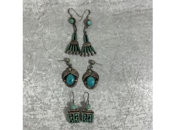 Vintage Lot Of 3 Pieced Earrings Native American Turquoise And Sterling Silver (#020)