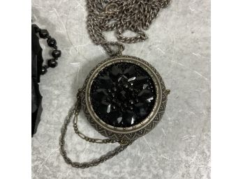 Victorian Jet Black Lot Of 2 Necklaces, Long Beaded Flapper And Scent Beaded (#013) Unusual Scent