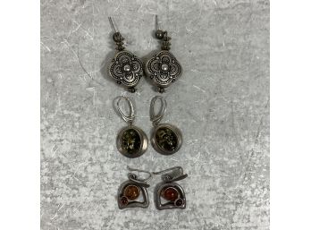 Vintage Lot Of 3 Pairs Pierced Sterling Silver And Amber Earrings (#004)