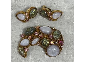 Vintage 60s Purple Marble Crescent Rhinestone Brooch Pin And Clip Earring Set (#061)
