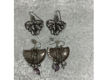 Vintage 2 Pairs Pieced Earrings Sterling Silver Artist Made Leaf And Pie Shaped  (#019)
