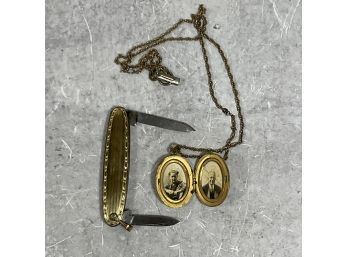 Antique Lot 1920s Gold Plated Locket And Pocket Knife ( #049)