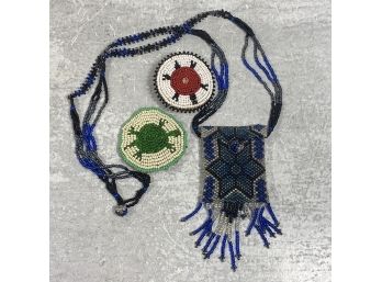 Lot Of 1 Native American Beaded Necklace Pouch / 2 Turtle Beaded Brooch Pins  (#099)