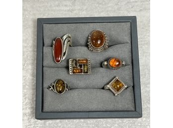 Lot Of 6 Sterling Silver Rings With Amber Stones Size Small  (#034)