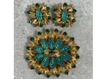 Vintage 60s  Gold Turquoise Green Sparkle Rhinestone Brooch Pin And Clip Earrings (#063)