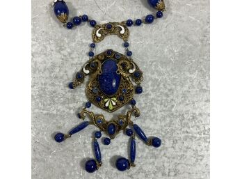 Vintage 1920s Flapper Style Lapis And Enamel Beaded Necklace / Gold Plated (#012)