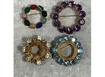 Vintage Lot Of 4 Multicolored Rhinestone Circle Brooch Pins ( #068)