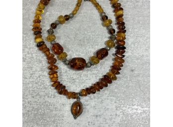Two (2) Amber And Sterling Choker Adjustable Necklaces Robert Rose/ Pendant (#024)