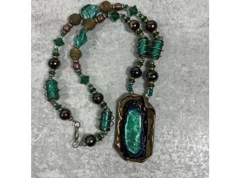 Artist Made Brass And Iridescent Turquoise Green Glass  Necklace ( #044)