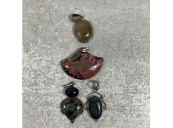 Vintage Lot Of 4 Mixed Stones Lapis And Quartz Necklace Pendants W/ Sterling (#005)