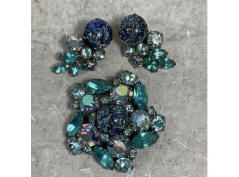 Vintage 60s Turquoise Star Rhinestone Brooch Pin And Clip Earring Set (#062)