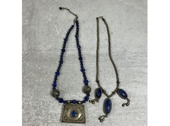 Vintage Lot Of 2 Lapis Lazuli And Plated Ethnic Style Pendant Necklaces (#030)