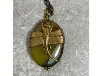 Vintage Dragonfly Wrapped Stone Pendant Necklace / Gold Plated (#015)