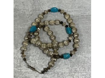 Vintage Silver Beaded And Turquoise Stone Long Necklace. (#084)