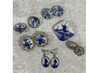 Vintage Lot Of Delft China  Blue And White Earrings And Brooch. ( #070)