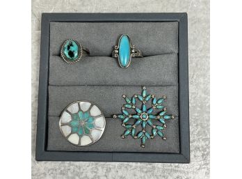 Lot Of 4  Native American Sterling Silver And Turquoise Rings / Brooch Pins