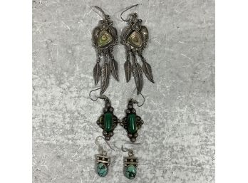 Vintage 3 Pairs Pieced Earrings, Malachite, Turquoise, Abalone / Sterling Silver  Native American Style (#008)