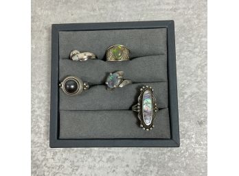 Vintage Lot Of 5 Sterling Silver Rings , Opal, Abalone, Pearl  Size Small ( #039)