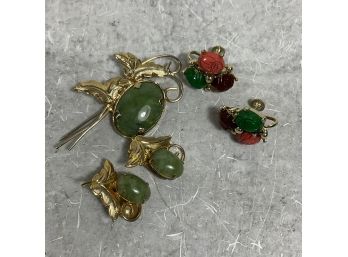 Vintage Lot Of 3 Jade And Gold Plated Brooch Plus Clip Earrings (#059)
