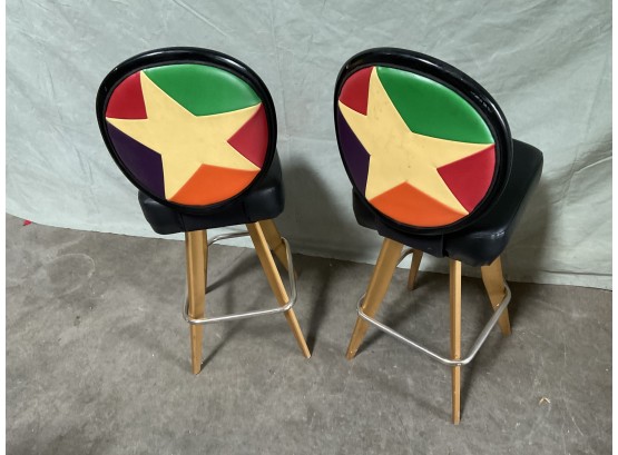 Pair Of (2) Vintage 1960s 70s  Rainbow Vinyl Star Backed Bar Stool Gasser Chair Co.(#0021)