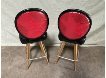 Pair Of (2) Vintage 1960s 70s RED Vinyl Star Backed Bar Stool Gasser Chair Co. (#0028)